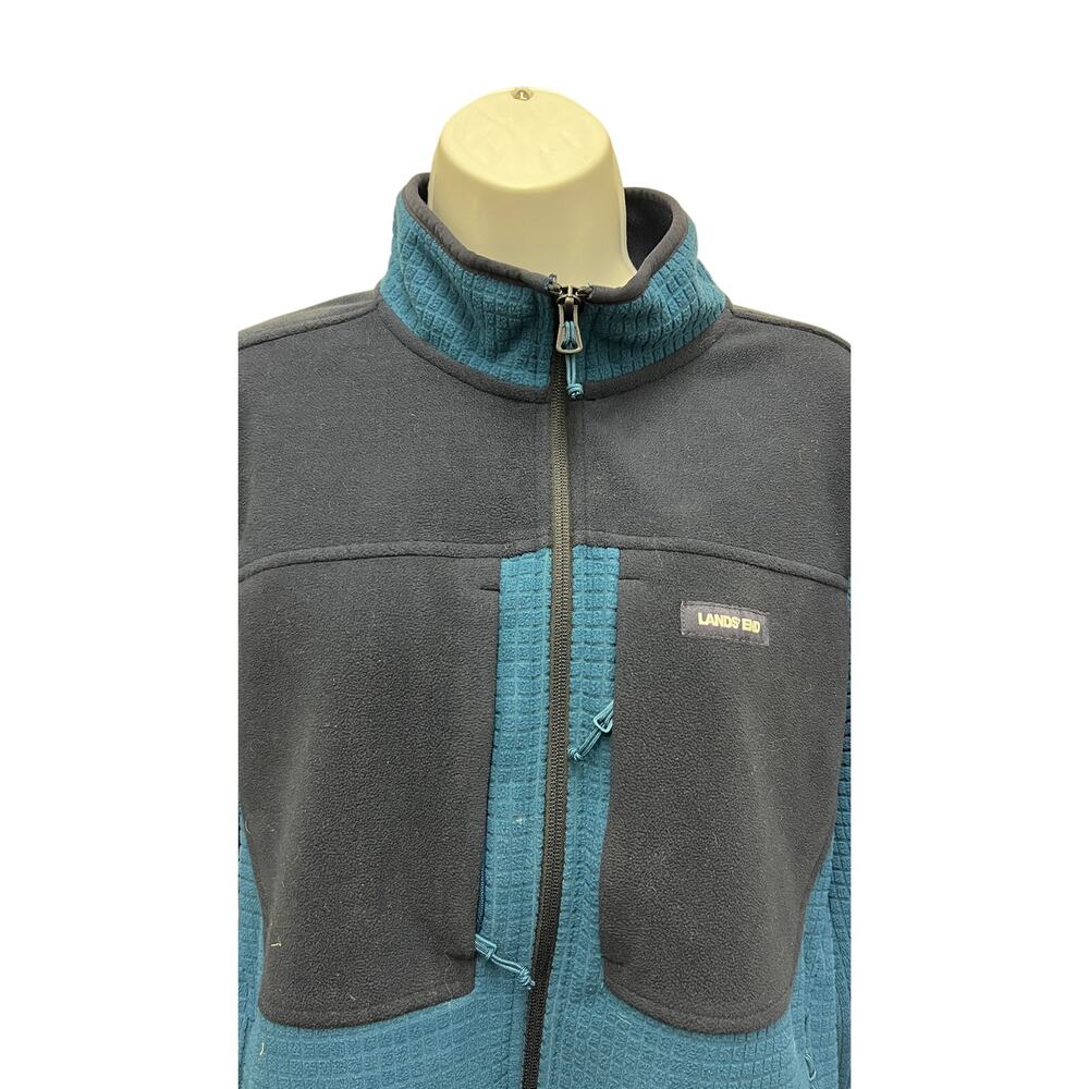Lands’ End Men's Fleece Jacket M Teal Navy Grid Zip-Up Warm Casual Layer - Picture 2 of 4